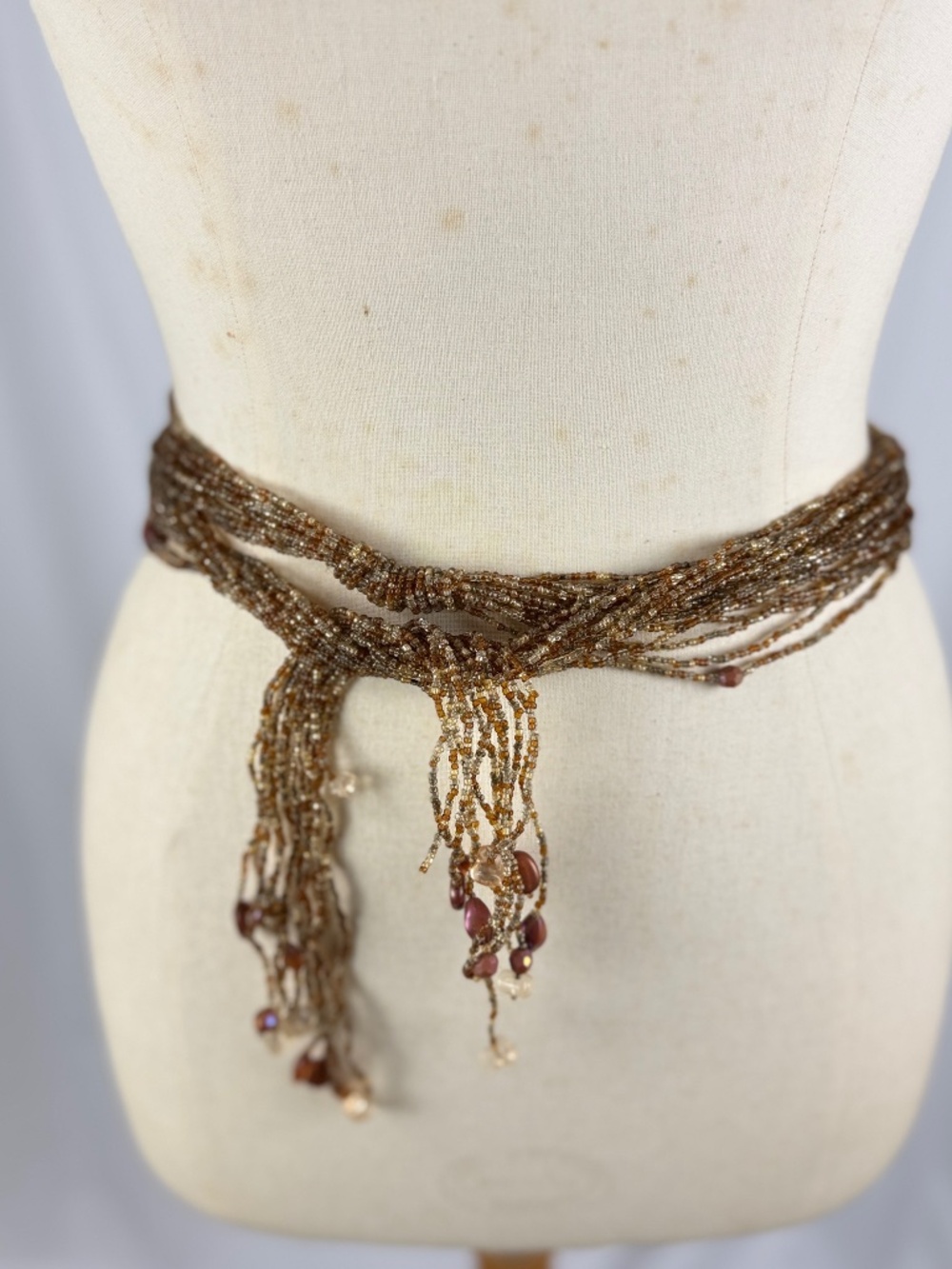 Vintage Glass Seed Beaded Multi Strand Long Necklace or Belt Gold Brown Bling